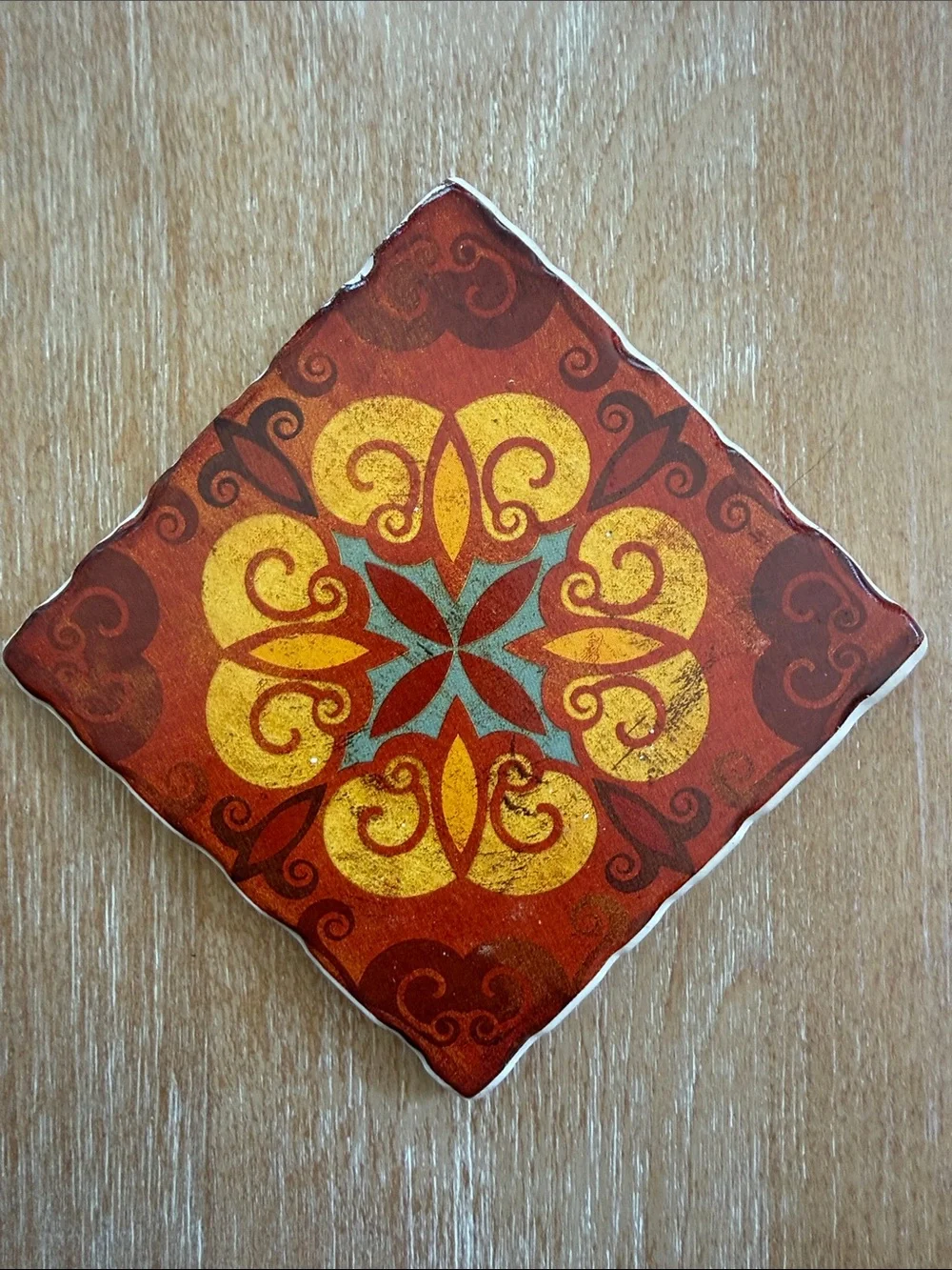 Pier 1 Ceramic Tile Coasters in Red, Gold & Blue Patterned Set